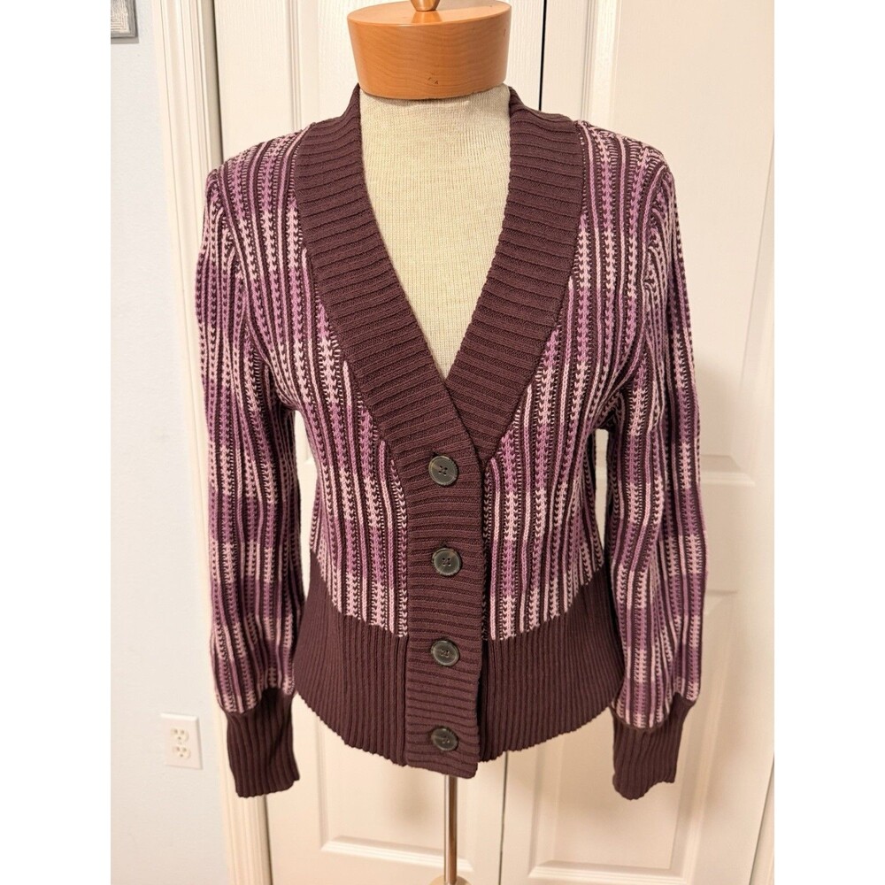 Melrose and Market Cardigan Sweater Women XS Striped V-Neck Button Purple Brown
